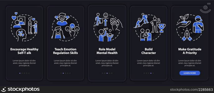 Raising mentally strong child night mode onboarding mobile app screen. Walkthrough 5 steps graphic instructions pages with linear concepts. UI, UX, GUI template. Myriad Pro-Bold, Regular fonts used. Raising mentally strong child night mode onboarding mobile app screen