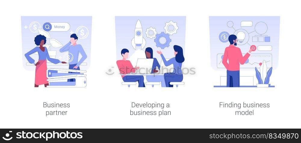 Raising money for startup isolated concept vector illustration set. Business partner, develop business plan, finding model and investment strategy, cooperation and collaboration vector cartoon.. Raising money for startup isolated concept vector illustrations.