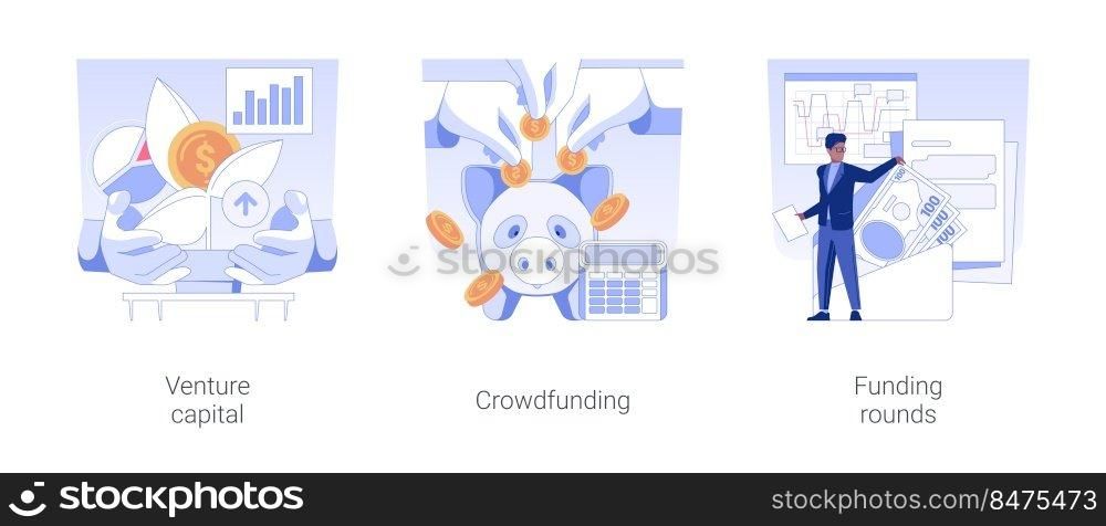 Raising money for startup isolated concept vector illustration set. Venture capital, crowdfunding strategy, funding rounds, private equity financing, business sponsorship vector cartoon.. Raising money for startup isolated concept vector illustrations.