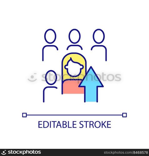 Raising social status RGB color icon. Increase privileges. Career promotion. Personal growth. Isolated vector illustration. Simple filled line drawing. Editable stroke. Arial font used. Raising social status RGB color icon