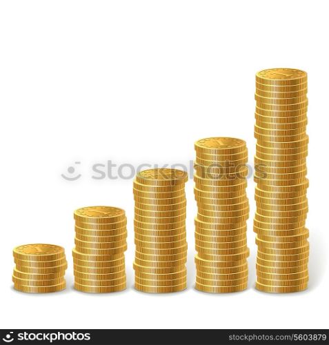 Raising stacks of golden coins isolated on white background.