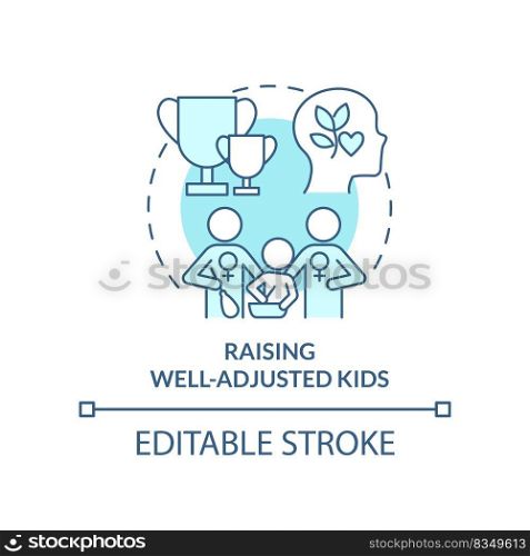 Raising well adjusted kids turquoise concept icon. Be≠fit of same-sex parenting abstract idea thin li≠illustration. Isolated outli≠drawing. Editab≤stroke. Arial, Myriad Pro-Bold fonts used. Raising well adjusted kids turquoise concept icon