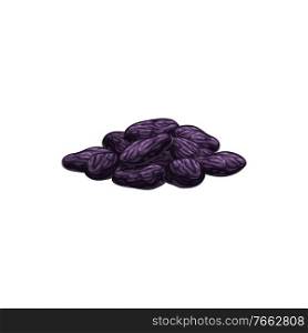 Raisins dried fruits, dry food snacks and fruit sweets, isolated vector icon. Raisins of red or black grape, sweet dessert, natural organic dehydrated confections, fiber and protein food. Raisins dried fruits, dry food and sweet snacks