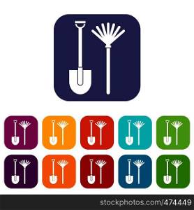 Rake and shovel icons set vector illustration in flat style In colors red, blue, green and other. Rake and shovel icons set