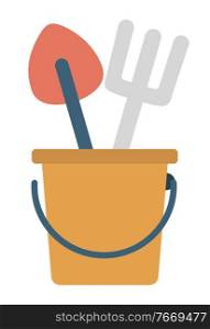 Rake and shovel in bucket, pail with handle with dig equipments. Pot with rake and spade, horticulture objects or childhood elements for sand game vector. Hobby Equipments, Shovel and Rake in Pail Vector