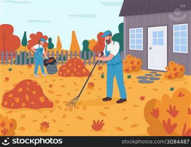 Raking leaves flat color vector illustration. People in uniform do seasonal cleanup in yard. Woman and man clean backyard lawn. Family 2D cartoon characters with landscape on background. Raking leaves flat color vector illustration