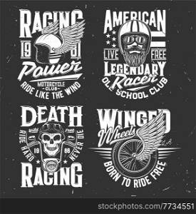 Rally or racing club and motorsport championship apparel design, vector t-shirt print mockup. Racer, roadster with fire and car wheel with checkered flag race symbols, racing vehicles. Rally or racing club and motorsport t-shirt prints