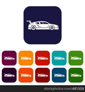 Rally racing car icons set vector illustration in flat style in colors red, blue, green, and other. Rally racing car icons set