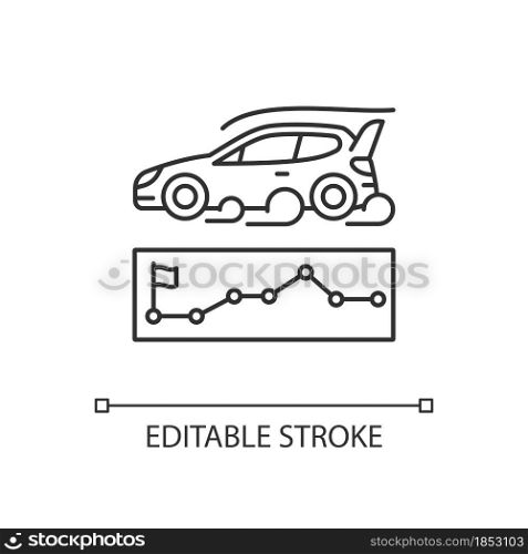Rallying event linear icon. Motor sport competition. Challenge for performance. Set control point. Thin line customizable illustration. Contour symbol. Vector isolated outline drawing. Editable stroke. Rallying event linear icon