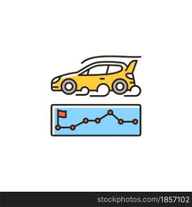 Rallying event RGB color icon. Motor sport competition. Driving point-to-point format. Challenge for car performance. Setting control points. Isolated vector illustration. Simple filled line drawing. Rallying event RGB color icon