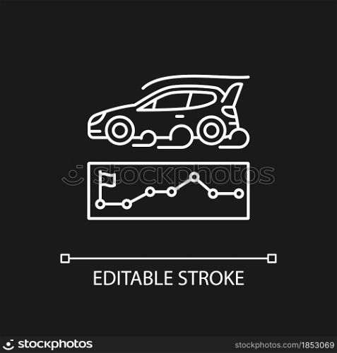 Rallying event white linear icon for dark theme. Motor sport competition. Challenge for performance. Thin line customizable illustration. Isolated vector contour symbol for night mode. Editable stroke. Rallying event white linear icon for dark theme