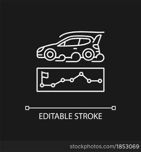 Rallying event white linear icon for dark theme. Motor sport competition. Challenge for performance. Thin line customizable illustration. Isolated vector contour symbol for night mode. Editable stroke. Rallying event white linear icon for dark theme