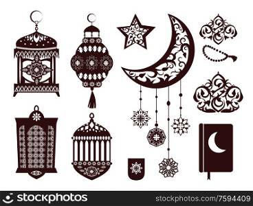 Ramada Kareem religious symbols in black colors set. Festive arabian attributes of holy event. Lantern and moon silhouettes vector illustrations for Ramadan holidays.. Ramada Kareem Religious Symbols in Black Colors
