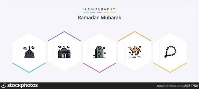 Ramadan 25 FilledLine icon pack including pray. misbaha. tower. arab. animal