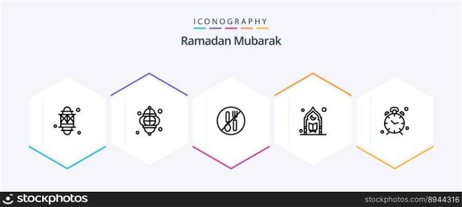 Ramadan 25 Line icon pack including clock. alarm. spoon. moon. mosque