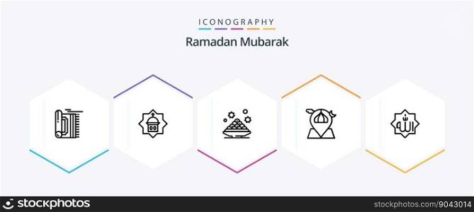 Ramadan 25 Line icon pack including moon. mosque. islam. dish. plate