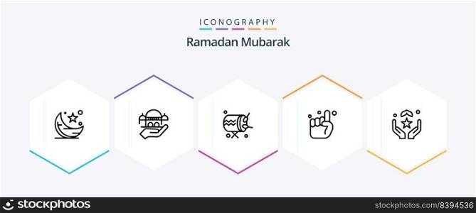 Ramadan 25 Line icon pack including pray. one. donation. pray. announcement
