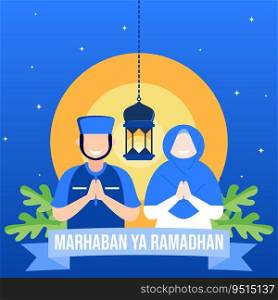 Ramadan card flat vector illustration with ornate text on mosque silhouette background and human character who is cheerful and happy to welcome the holy month.