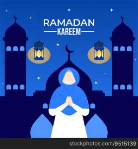 Ramadan card flat vector illustration with ornate text on mosque silhouette background and human character who is cheerful and happy to welcome the holy month.