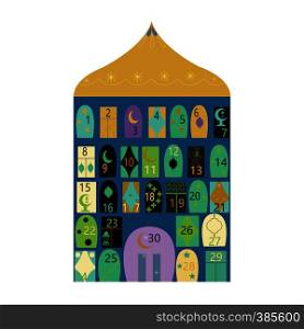 Ramadan countdown illustration. Beautiful mosque with 30 windows and symbols to count days of holy month. Greeting card, poster design elements. Vector. Magazine page cartoon template. Cliparts and text space.