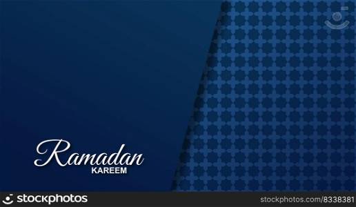 Ramadan holiday banner with white handwritten inscription Ramadan Kareem and dark blue arabic pattern. Vector illustration