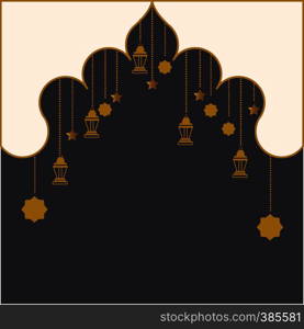 Ramadan holy month greeting card design, poster design elements. background design. Gold lamps and stars on dark background. Vector. Ramadan holy month greeting card design