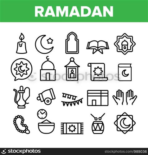 Ramadan Islam Collection Elements Icons Set Vector Thin Line. Koran And Crescent, Hands And Candle, Carpet And Drum Mubarak Ramadan Holiday Concept Linear Pictograms. Monochrome Contour Illustrations. Ramadan Islam Collection Elements Icons Set Vector