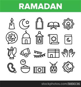 Ramadan Islam Collection Elements Icons Set Vector Thin Line. Koran And Crescent, Hands And Candle, Carpet And Drum Mubarak Ramadan Holiday Concept Linear Pictograms. Monochrome Contour Illustrations. Ramadan Islam Collection Elements Icons Set Vector