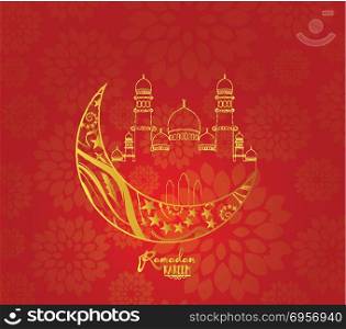 Ramadan Kareem background with moon, stars, lantern, mosque in the clouds. Ramadan mubarak Greeting card, invitation for muslim community