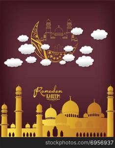 Ramadan Kareem background with moon, stars, mosque in the clouds. Ramadan mubarak Greeting card, invitation for muslim community