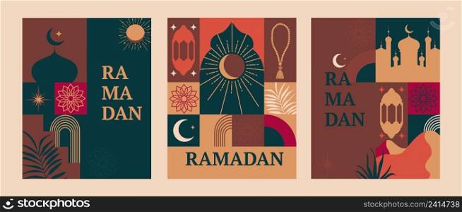 Ramadan kareem banners, flyers. Greeting cards for traditional muslim holiday with symbols lamp, mosque, crescent, rosary for happy celebration. Islamic greeting poster, template for media,web. Vector. Set banners for Ramadan.