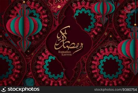 Ramadan Kareem calligraphy means generous ramadan on red arabesque floral background. Vector Illustration