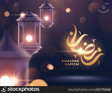 Ramadan Kareem calligraphy with hanging lanterns on purple bokeh background. Ramadan Kareem calligraphy