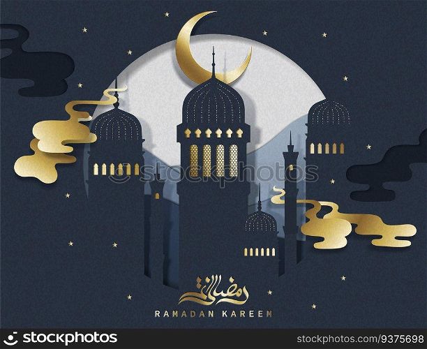 Ramadan Kareem calligraphy with paper art mosque in dark blue and golden color. Ramadan Kareem calligraphy
