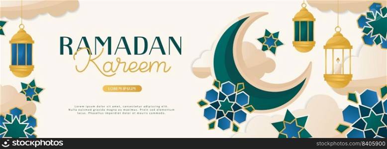 Ramadan Kareem card with moon crescent, traditional lanterns. Invitations with islamic geometric patterns, arabesque. Glorious month of muslim year, holy holiday. Banner, flyer, advertising. Vector. 