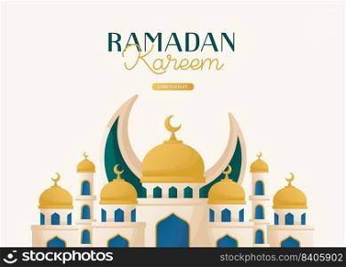 Ramadan Kareem card with moon crescent, traditional mosque. Invitations with islamic geometric patterns, arabesque. Glorious month of muslim year, holy holiday. Banner, flyer, advertising. Vector. 