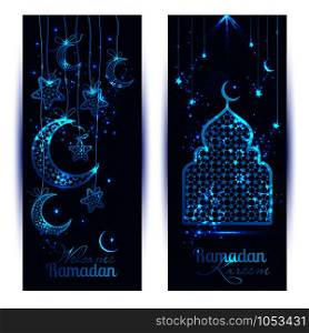 Ramadan Kareem celebration greeting banners decorated with moons and stars. Ramadan Kareem celebration greeting banners