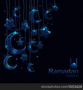 Ramadan Kareem celebration greeting card decorated with blue moons and stars on dark background.. Ramadan Kareem celebration greeting card