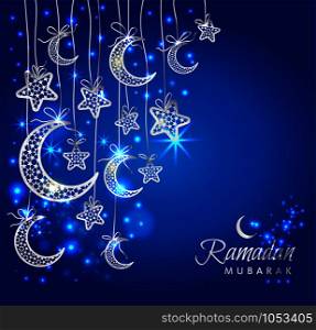 Ramadan Kareem celebration greeting card decorated with moons and stars on blue background.. Ramadan Kareem celebration greeting card