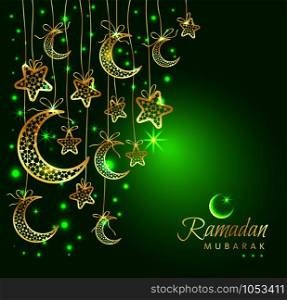 Ramadan Kareem celebration greeting card decorated with moons and stars on white background.. Ramadan Kareem celebration greeting card