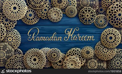 Ramadan Kareem Gold lettering. Islamic round pattern set in arabic style on blue planks background.. Ramadan Kareem Gold lettering. Islamic round pattern set in arabic style on blue planks background. Vector illustration.