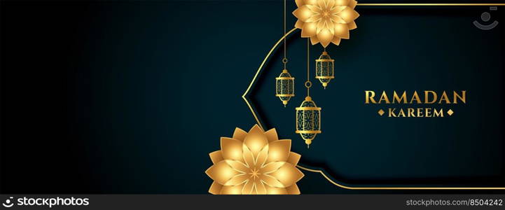 ramadan kareem golden flower and lantern banner design