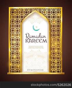 Ramadan Kareem Golden Frame Traditional Ornament . Ramadan holy month islamic traditions golden frame festive decorative religious attribute present isolated object icon vector illustration