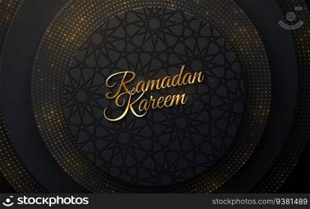 Ramadan Kareem golden sign on black papercut background with girih pattern and glitters. Ramadan Kareem. Vector religious illustration.