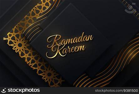 Ramadan Kareem golden sign on geometric shapesblack background and traditional golden girih pattern