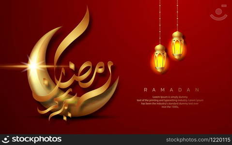 Ramadan Kareem greeting card design. Golden crescent moon with Arabic calligraphy Translation of text 'Ramadan Kareem ' And hanging Ramadan lanterns. Islamic celebration.