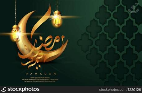 Ramadan Kareem greeting card design. Golden crescent moon with Arabic calligraphy Translation of text 'Ramadan Kareem ' And hanging Ramadan lanterns. Islamic celebration.