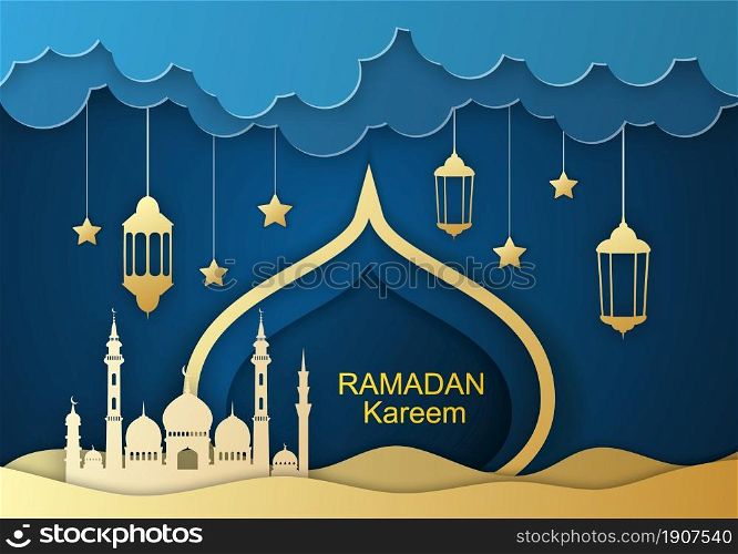 Ramadan Kareem Greeting Card, design with 3d paper cut Symbols of Ramadan Mubarak, Hanging Gold Lanterns, arabic lamps, star, Paper art vector and illustration. Ramadan Kareem Greeting Card,