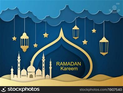 Ramadan Kareem Greeting Card, design with 3d paper cut Symbols of Ramadan Mubarak, Hanging Gold Lanterns, arabic lamps, star, Paper art vector and illustration. Ramadan Kareem Greeting Card,