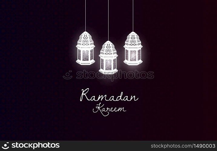 Ramadan Kareem greeting card design with lanterns lamp on dark black background.Vector